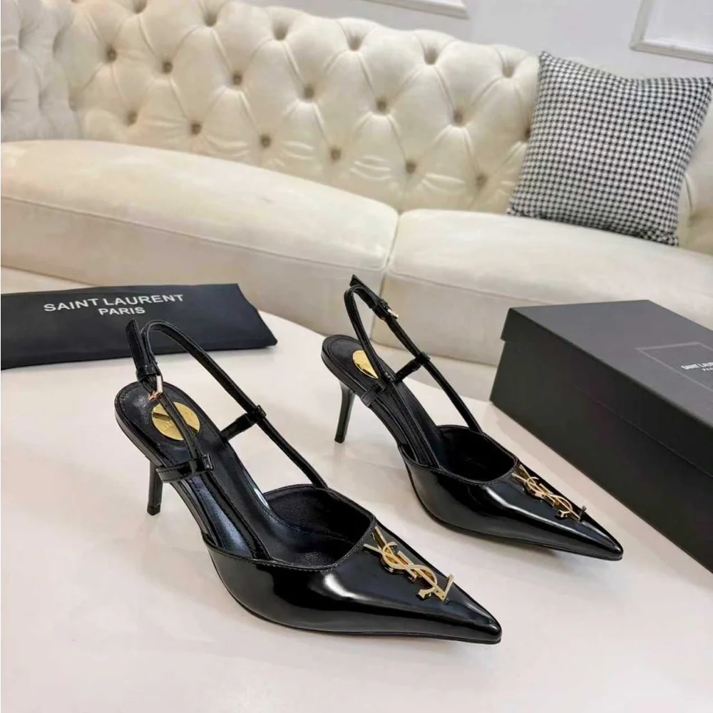 Saint Laurent Black Patent Slingback Heels with Gold Logo - Picture 6 of 7